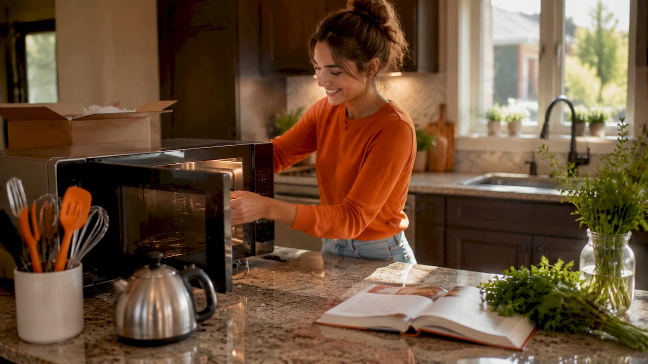 New homeowner unpacking essential kitchen appliances