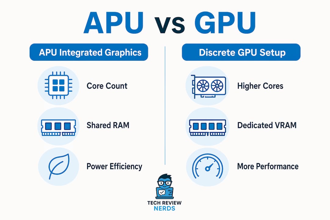 Infographic comparing APU integrated graphics and discrete GPU setups
