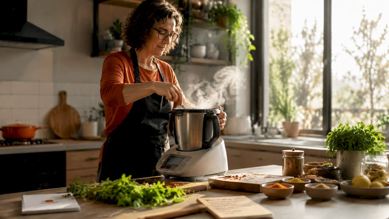 Person using multi-purpose kitchen appliance in kitchen
