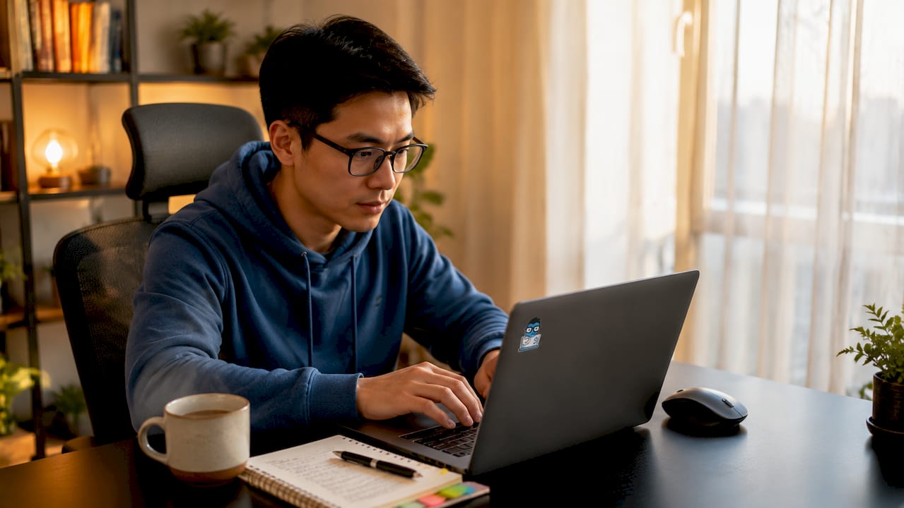 Person typing on budget laptop in home office