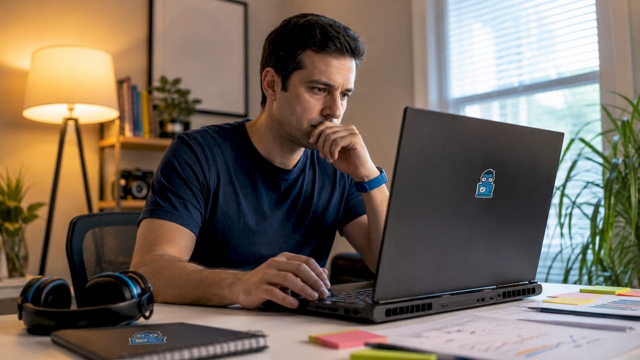 Tech reviewer analyzing gaming laptop performance