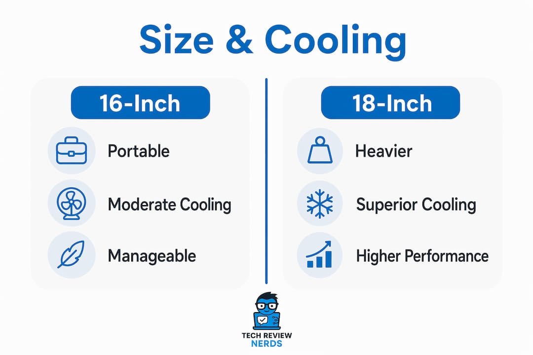 Infographic comparing 16-inch vs 18-inch gaming laptops
