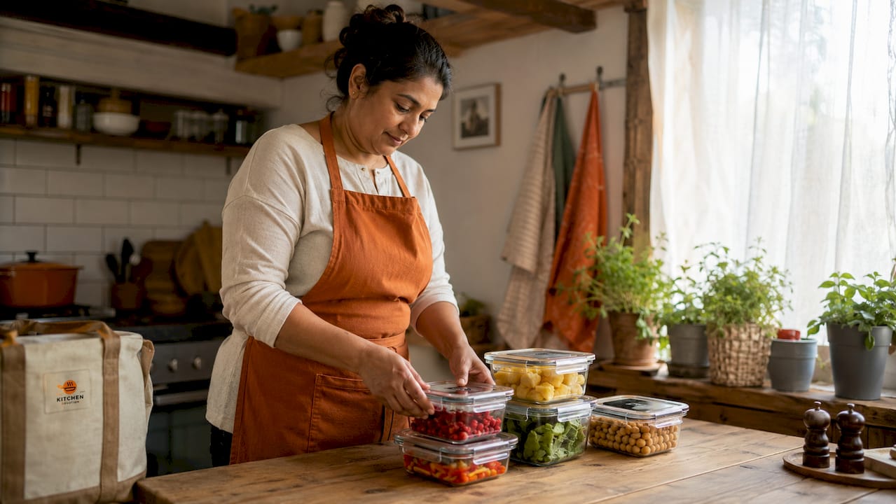 Woman arranging glass airtight containers in kitchen
