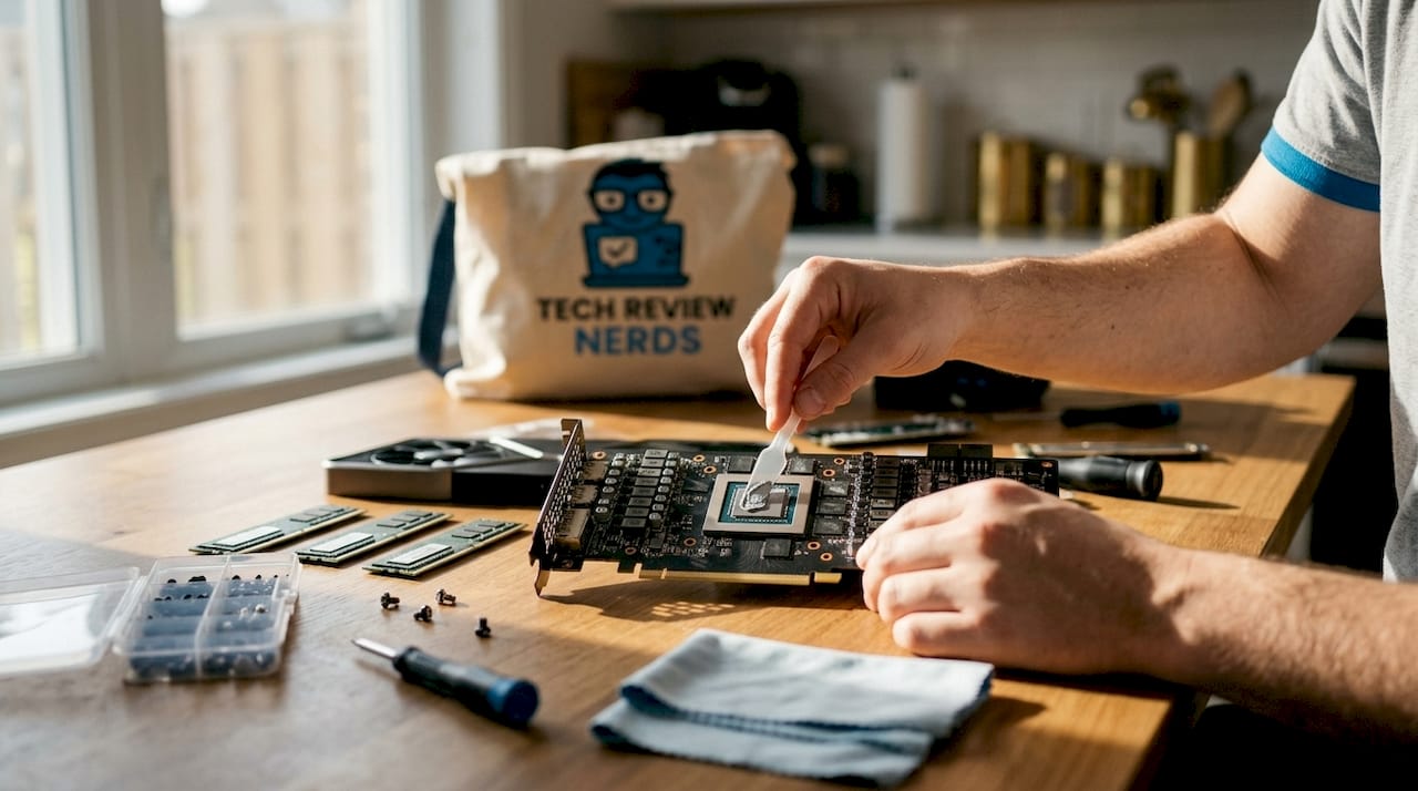 Hands applying thermal paste on CPU chip
