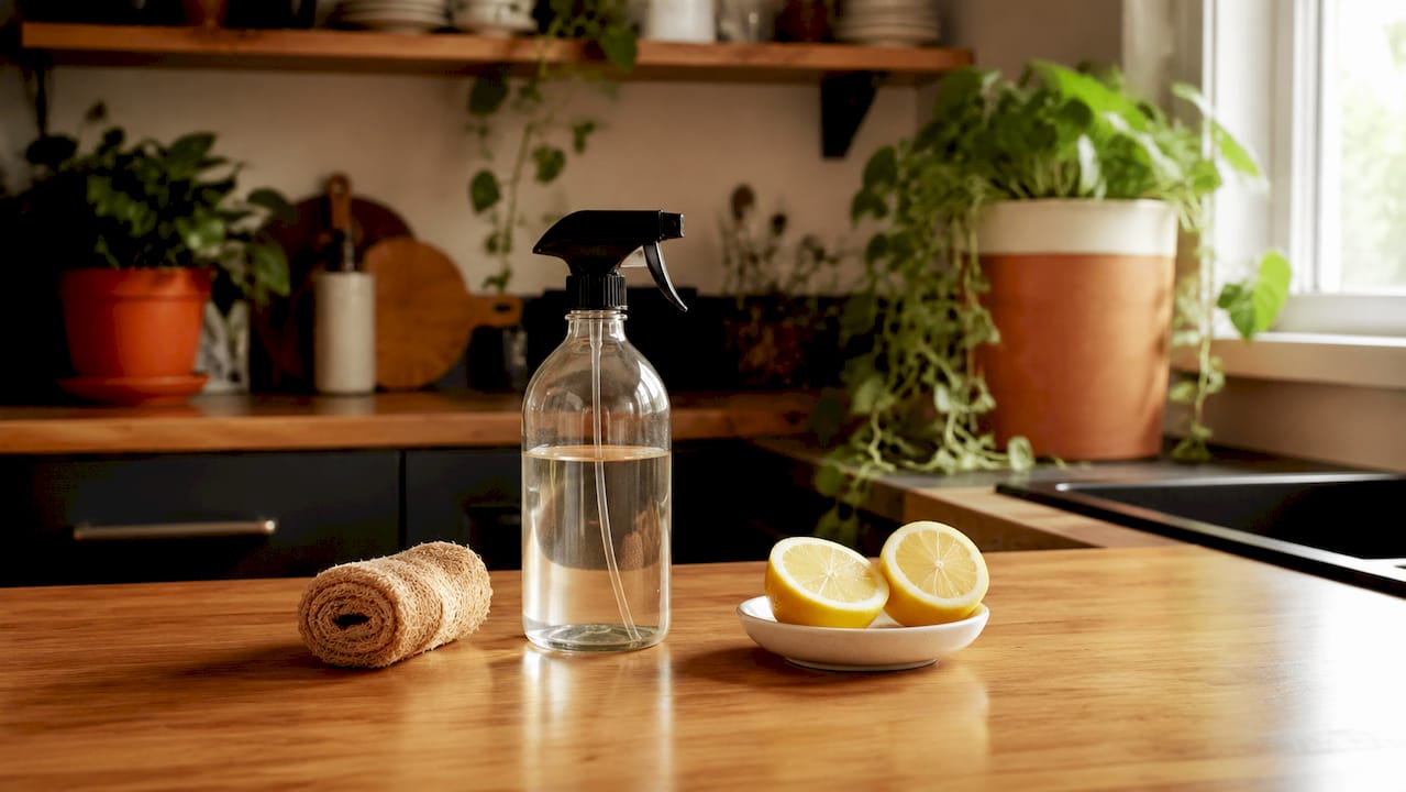 Eco-friendly kitchen cleaning tools on countertop