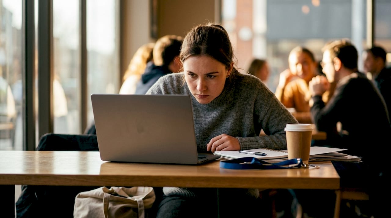 Student testing laptop at library study table