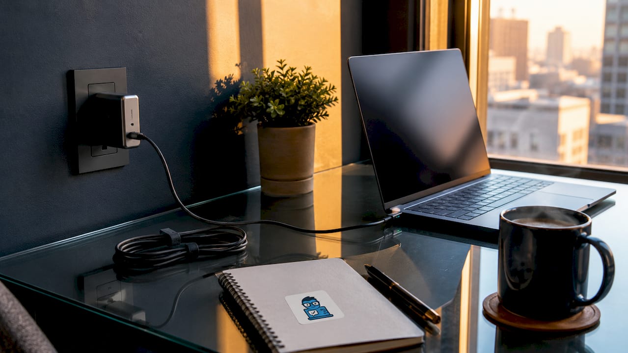 Compact USB-C laptop charger on desk
