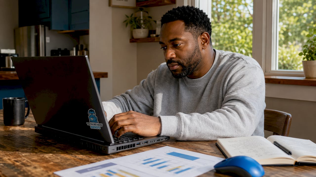 Person reviewing gaming laptop specs at home desk