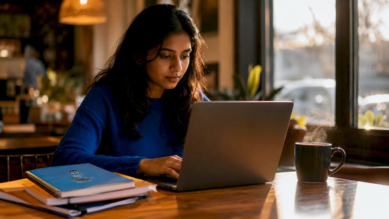 Woman multitasking on laptop at home office