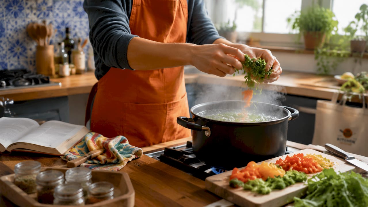 Hands stirring boiling pasta in pot