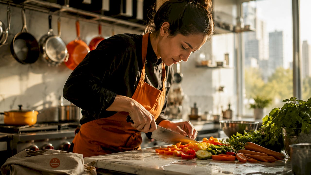 Chef chopping vegetables on cutting board