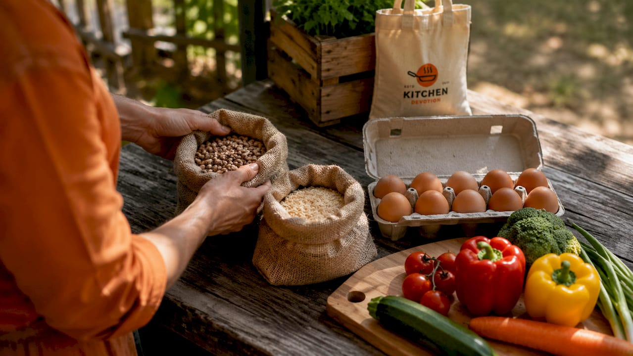 Hands sorting budget meal staple ingredients