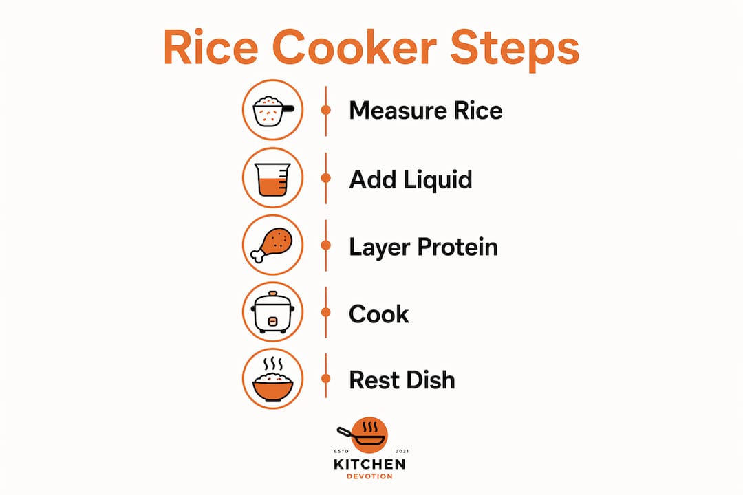 Infographic showing rice cooker meal preparation steps