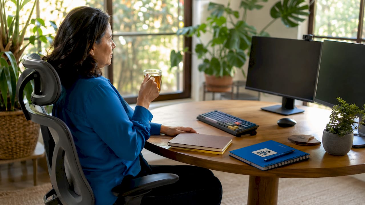 Woman sitting in ergonomic chair at home office desk