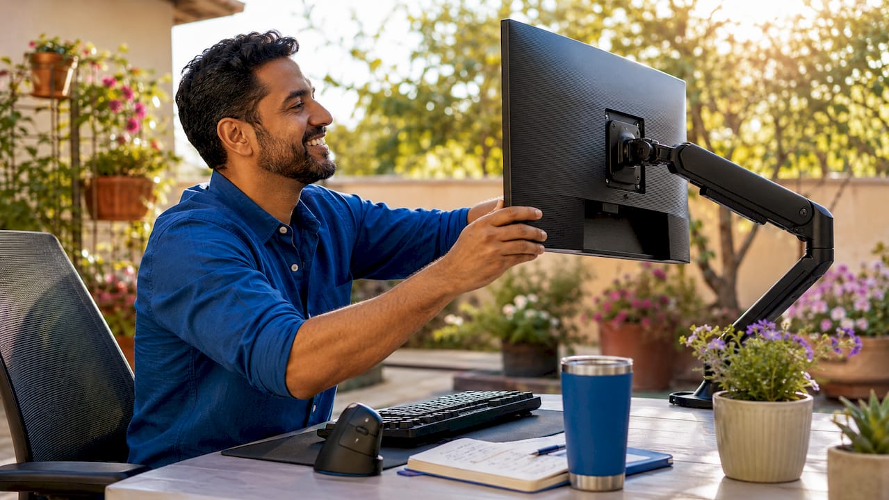 Man adjusting ergonomic home office monitor setup