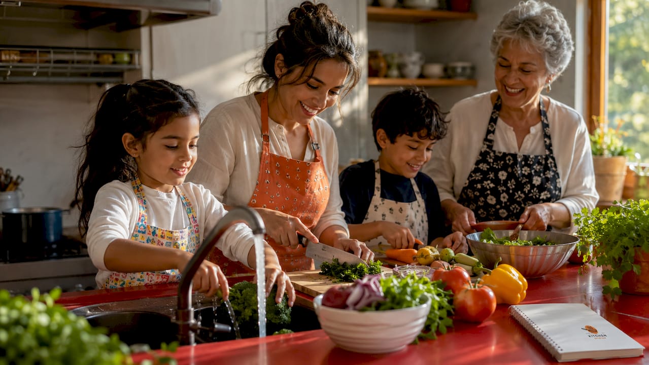 Family preparing meal together in kitchen