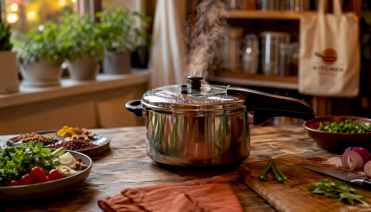 Sealed pressure cooker steaming on kitchen stove