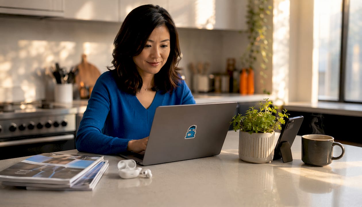 Woman reviewing tech guides at home desk