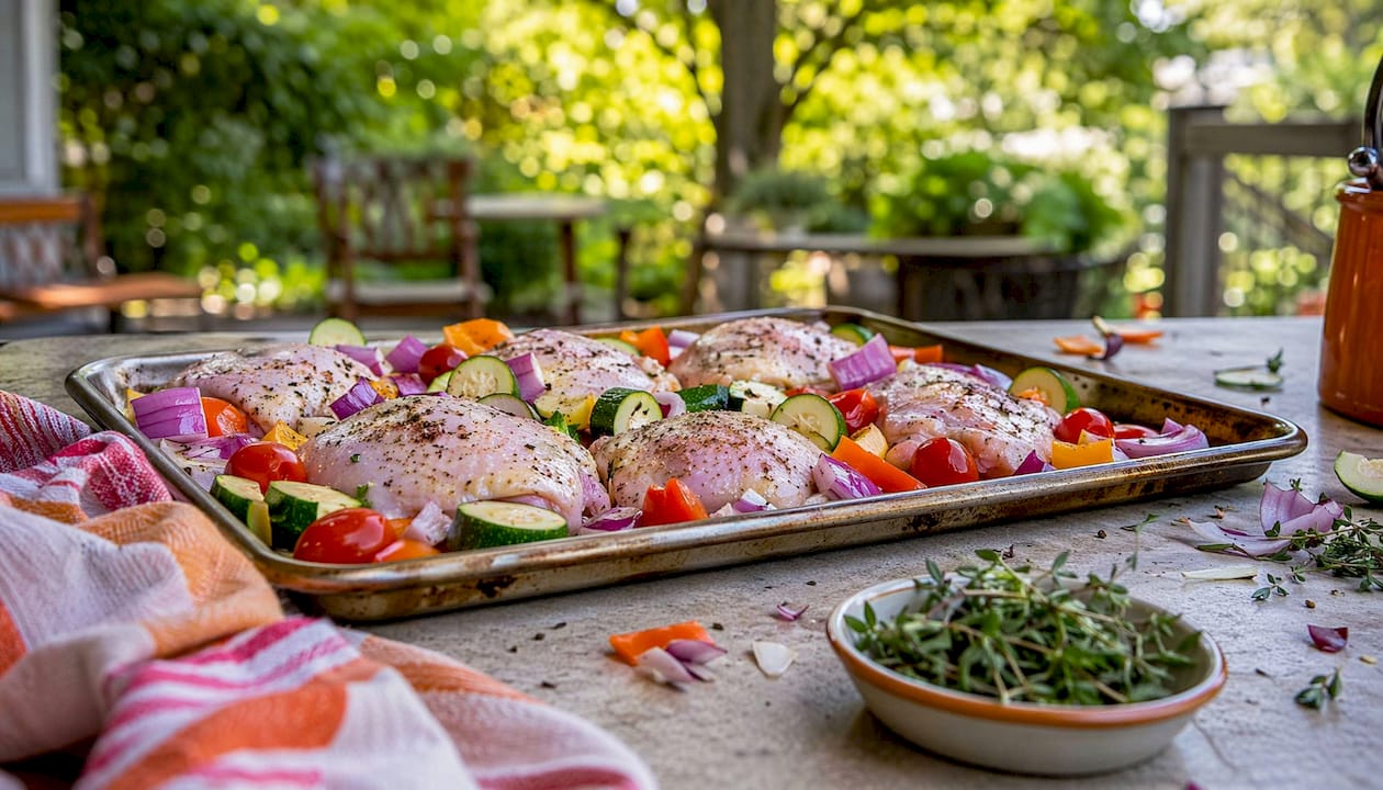 Sheet pan with chicken thighs and vegetables