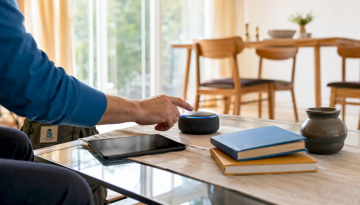 Smart speaker on side table in living room