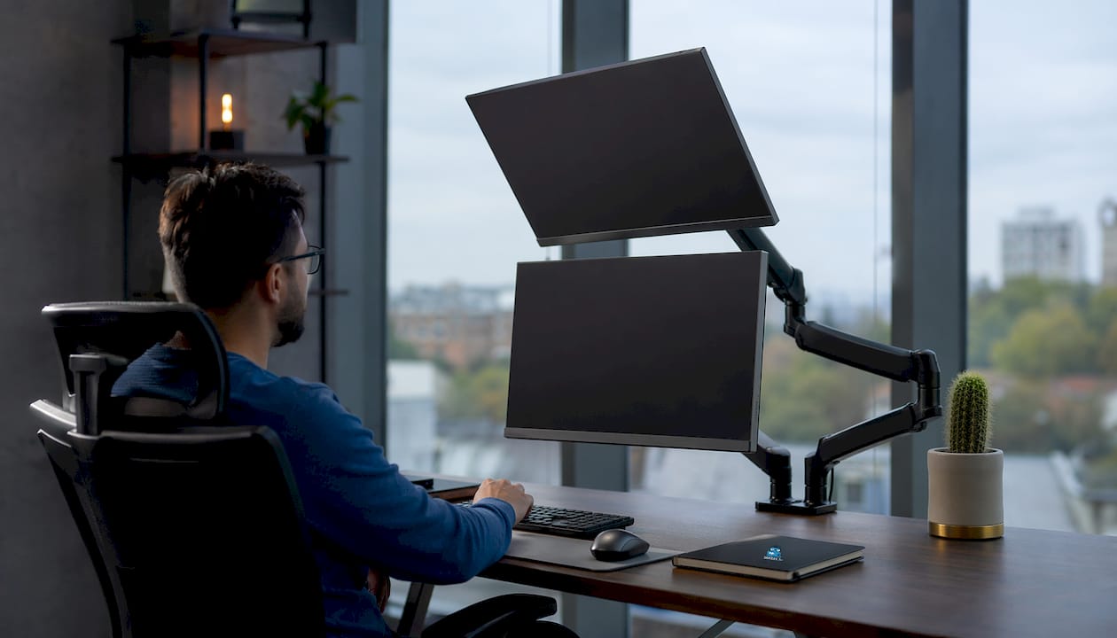 Dual monitors on adjustable arm mount in workspace