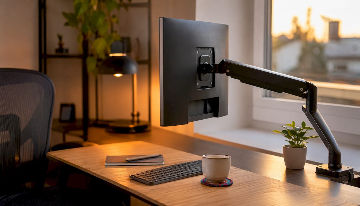 Single monitor mounted on ergonomic adjustable arm