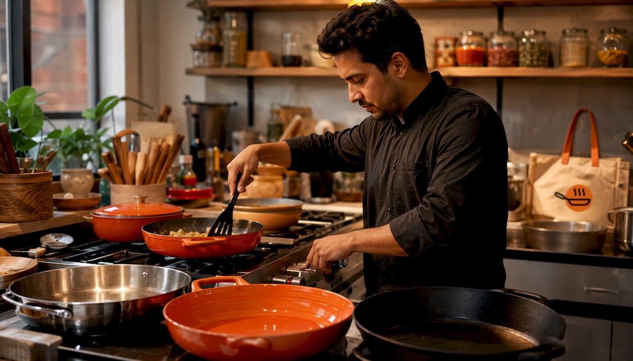 Chef testing different cookware on stove