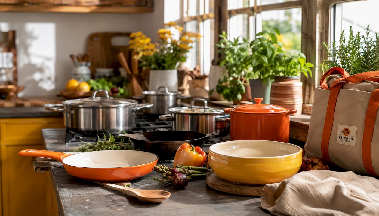 Non-toxic cookware arranged on kitchen countertop
