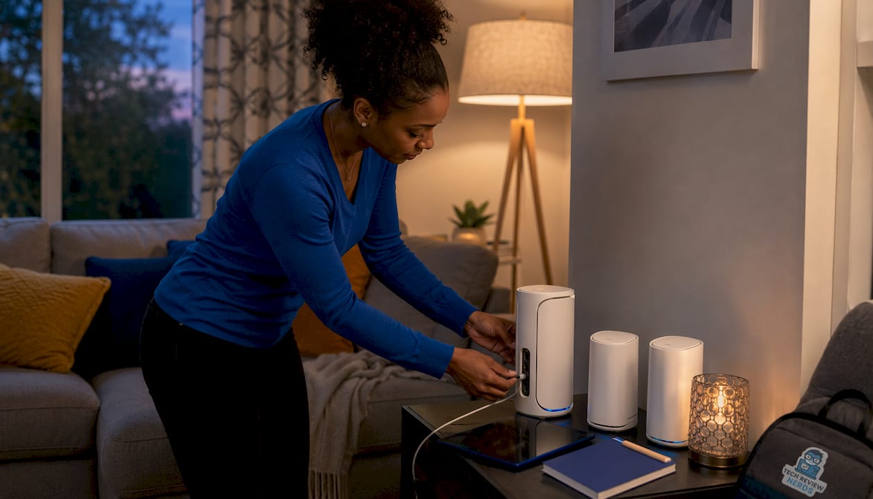 Woman installing mesh Wi-Fi system in living room