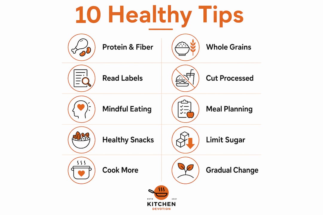 Infographic illustrating 10 practical healthy eating tips
