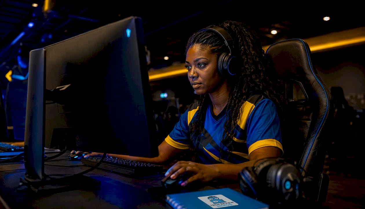 Esports player focused on Alienware gaming monitor