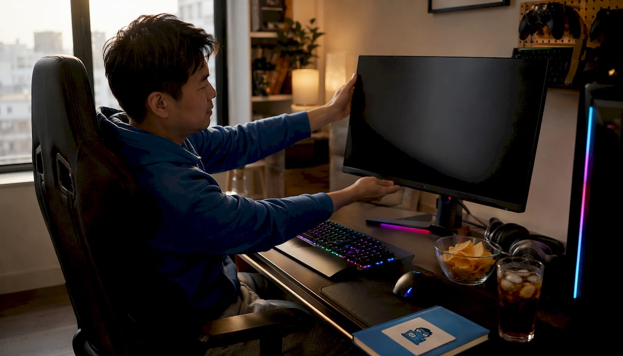 Gamer adjusting ASUS ROG monitor on desk