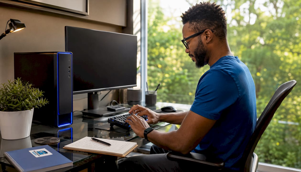 Home office desktop tower and user typing