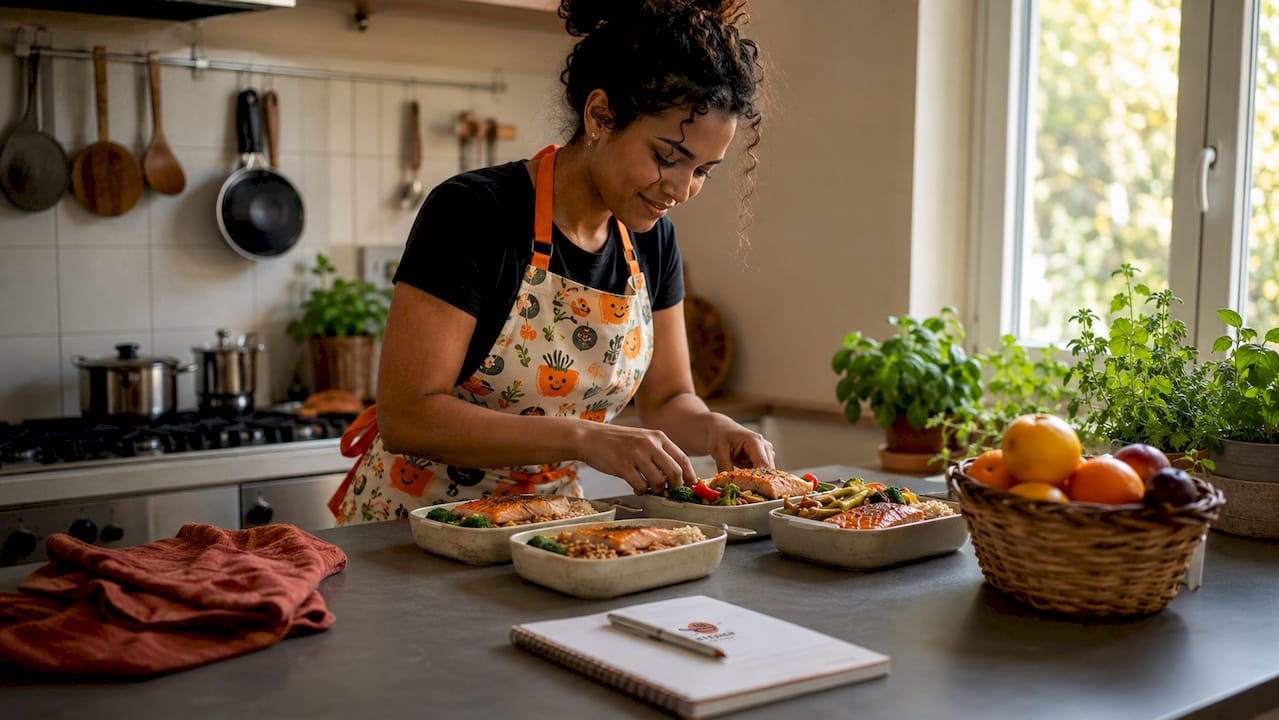 Woman prepping balanced meals in kitchen