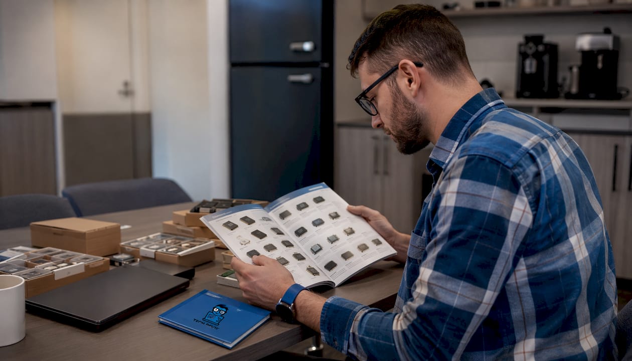 Man reviewing semiconductor catalog at office desk