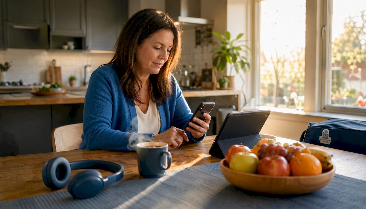 Woman using smartphone and tablet in living room