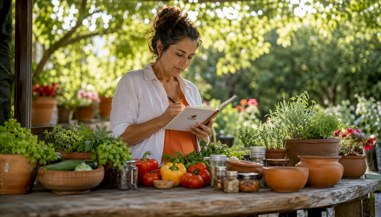 Home cook reviewing recipe notes in kitchen