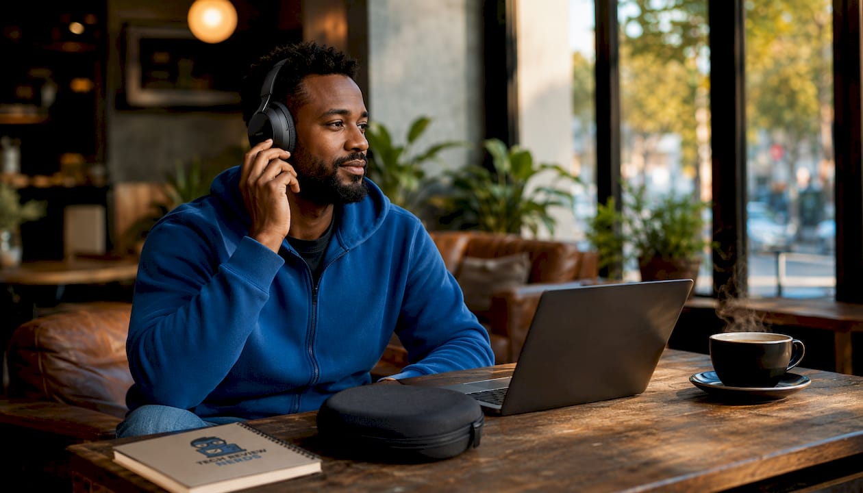 Man wearing noise-cancelling headphones at home