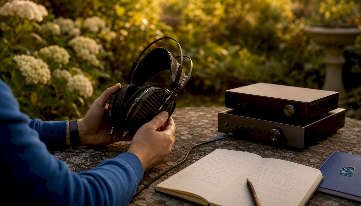 Hands inspecting planar magnetic headphones on desk