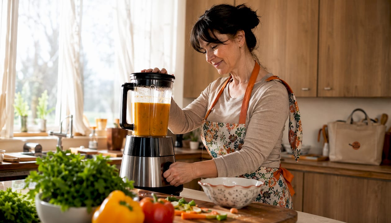 Woman blending hot vegetable soup in kitchen