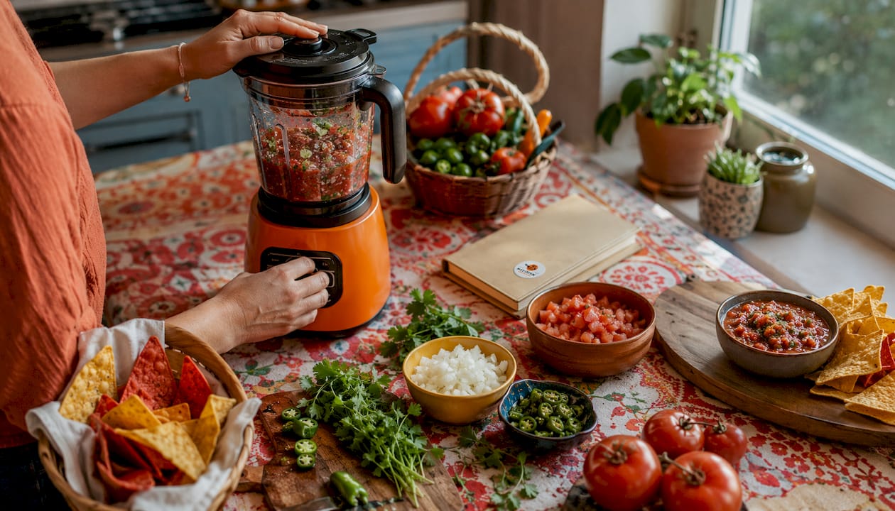 Hands making hummus dip with blender pulse setting
