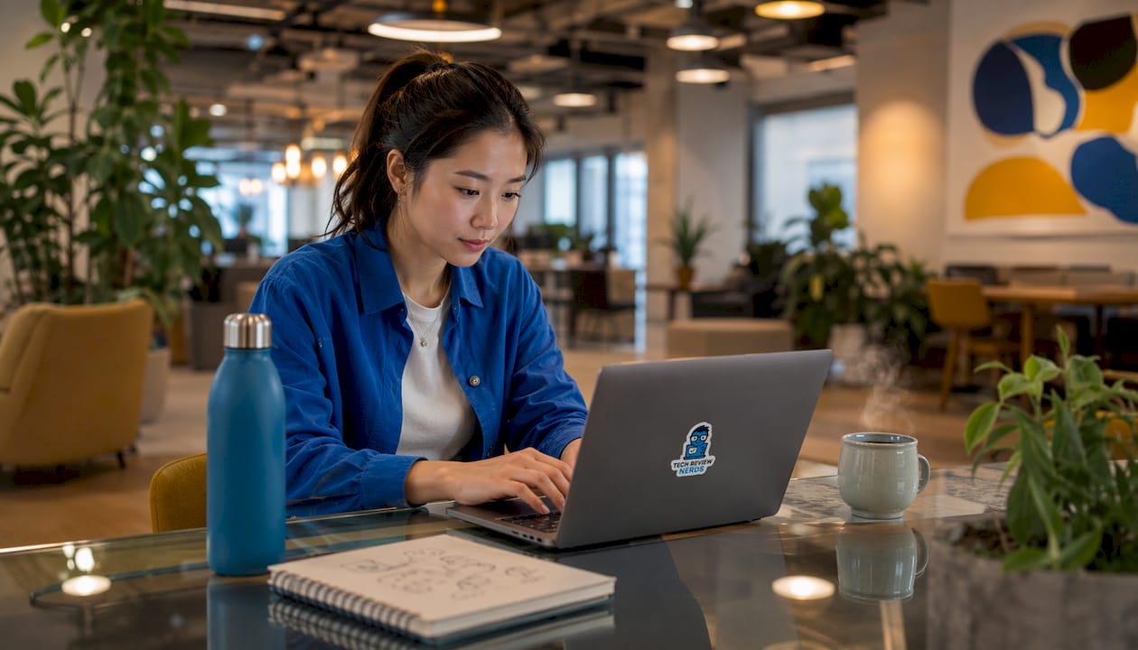 Person working on MacBook with iPhone and coffee mug