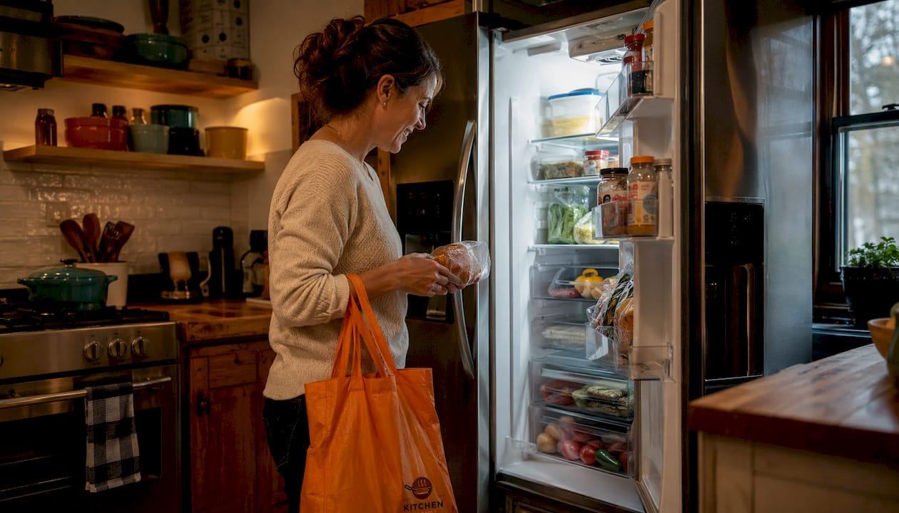 Woman auditing pantry labeling leftovers with marker