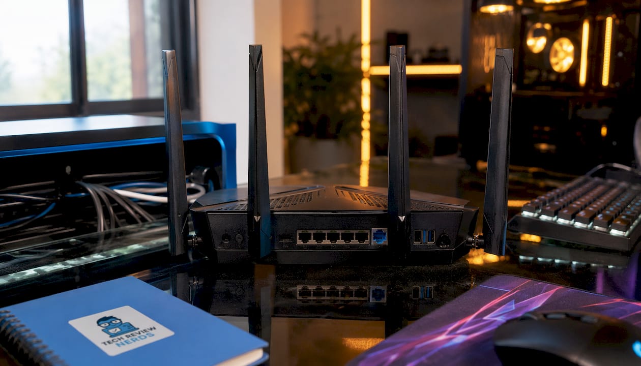 Close-up of ASUS RT-BE96U gaming router ports