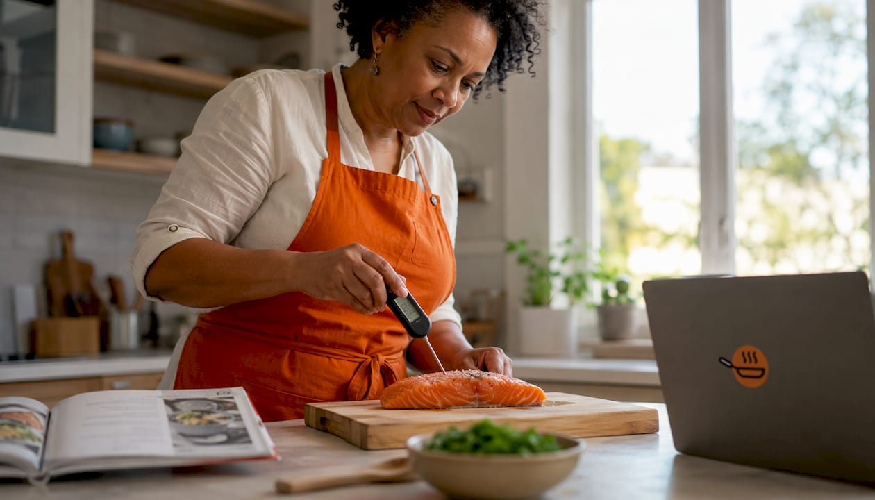 Woman using food thermometer on chicken breast in kitchen