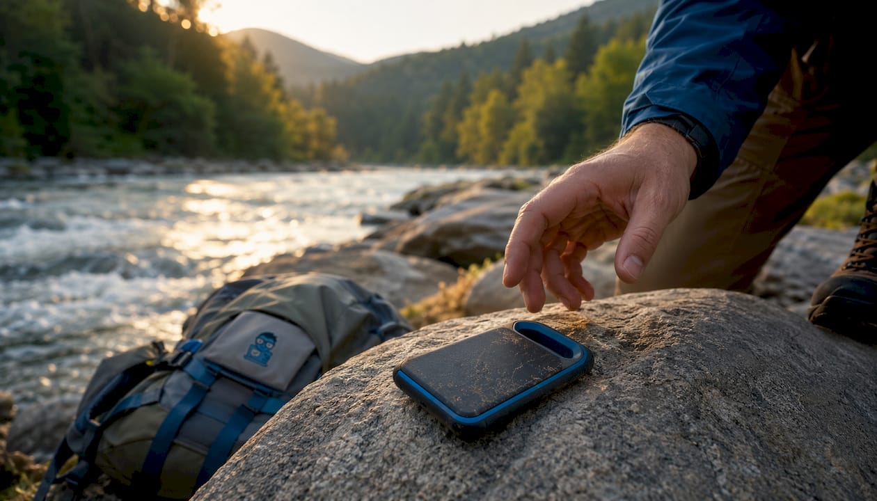 Rugged portable SSD outdoors on wooden surface