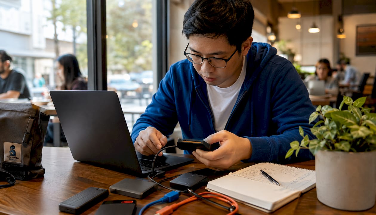 Person testing portable SSDs at home desk