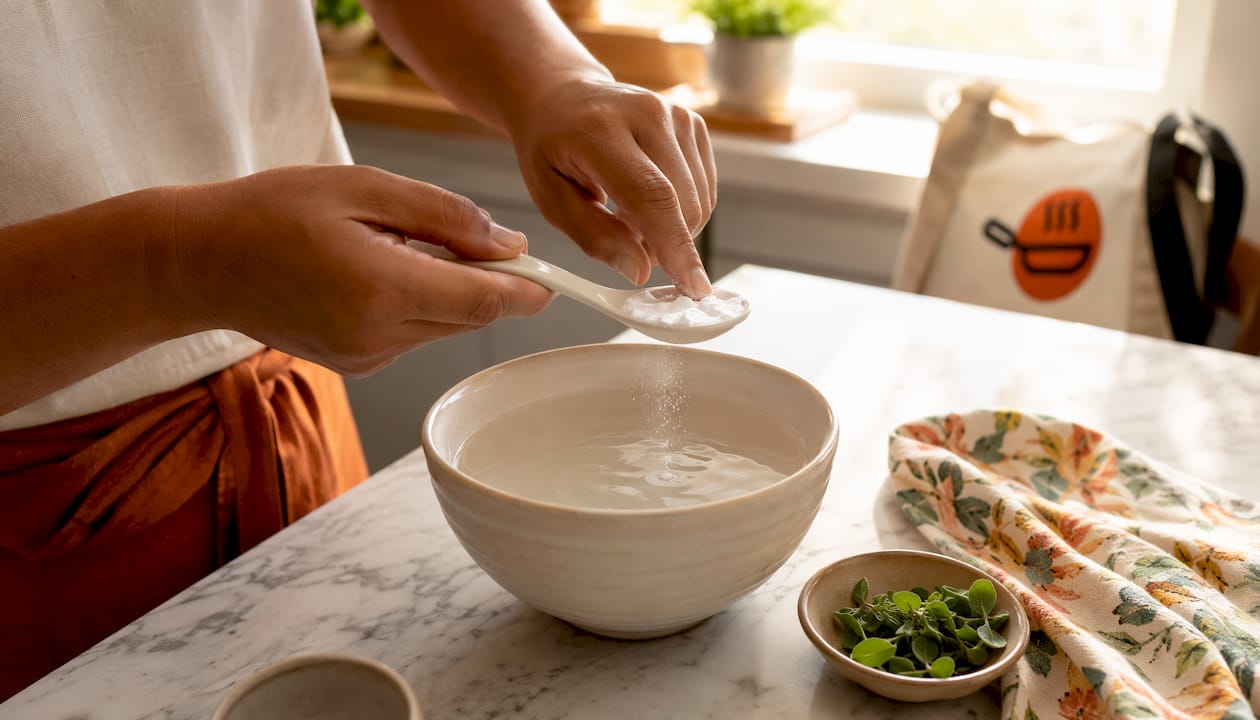 Hands testing baking powder in hot water