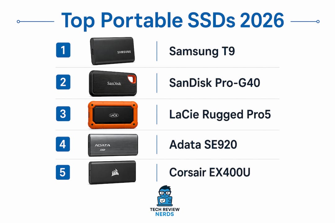 Infographic showing hierarchy of top portable SSDs in 2026