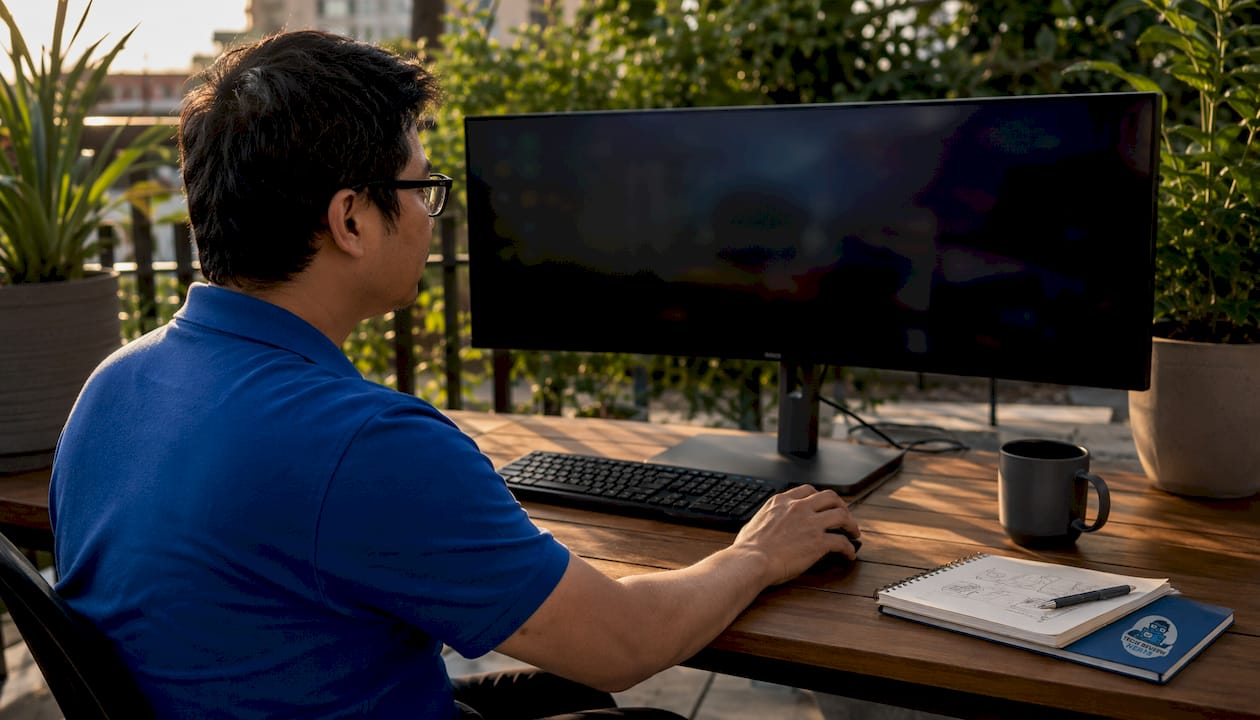 Person using 39 inch ultrawide monitor at home